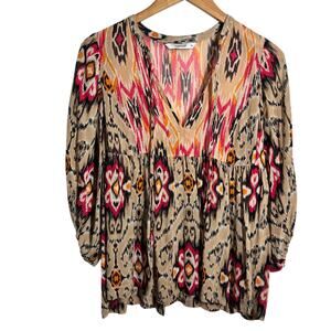 Summum Aztec Boho Blouse Top Women EU36 US6 Tan Pink Flowy 3/4 Sleeve Vacation